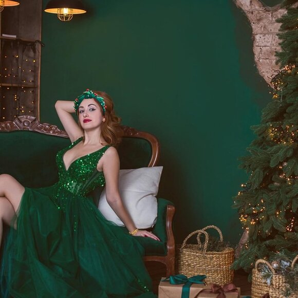 Green Pearl & Rhinestone Christmas Headband | Jeweled Knotted Hairband | Holiday - Picture 5 of 7